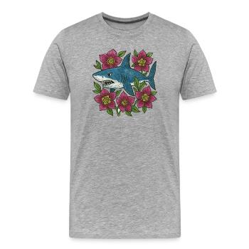 Requin parmi les fleurs pourpres - T-shirt bio Premium Homme - gris chiné - Devant - Damien (186cm)