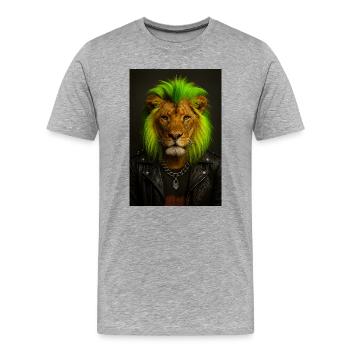Lion NeonPunk in leather look - Men's Premium Organic T-Shirt - heather grey - Front - Damien (186cm)