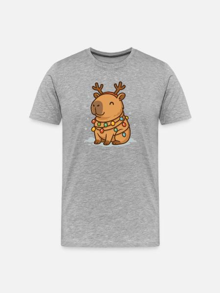 ✨ Rentier-Capybara mit Lichterkette 🎄 - Männer Premium Bio T-Shirt - Grau meliert