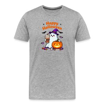 Lovely Ghost Kaffee Mütze Cartoon Halloween Geist - Männer Premium Bio T-Shirt - Grau meliert - Vorne - Damien (186cm)