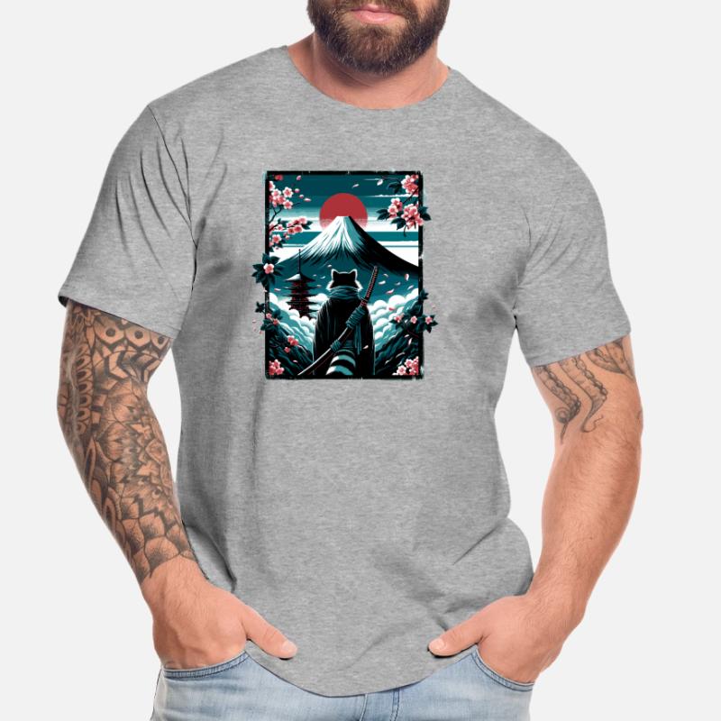 Chat avec une épée de samouraï devant Fuji T-shirt bio Premium Homme
