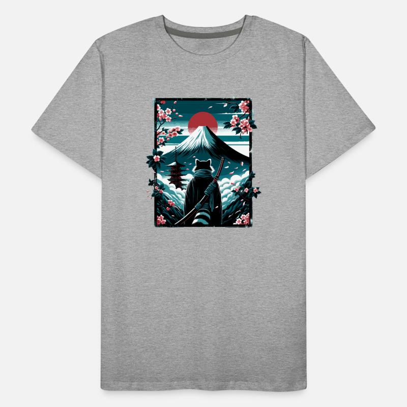 Chat avec une épée de samouraï devant Fuji T-shirt bio Premium Homme