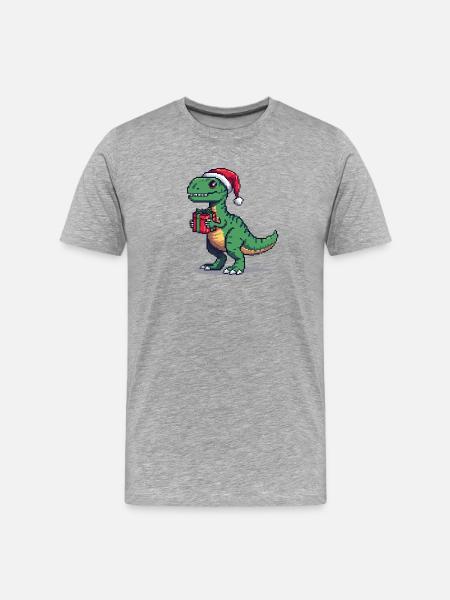 Vélociraptor 8 bits Pixel Noël - T-shirt bio Premium Homme - gris chiné