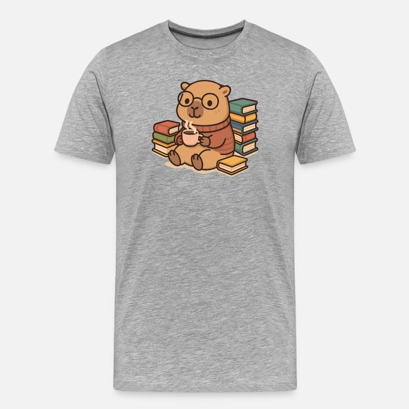 Capybara Leseratte – Bücher & Kaffee ☕📚 - Männer Premium Bio T-Shirt - Grau meliert