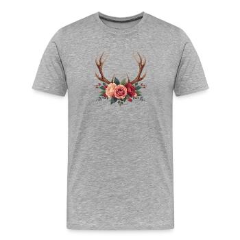 Hirschgeweih & Rosen - Boho Nature Design - Männer Premium Bio T-Shirt - Grau meliert - Vorne - Damien (186cm)