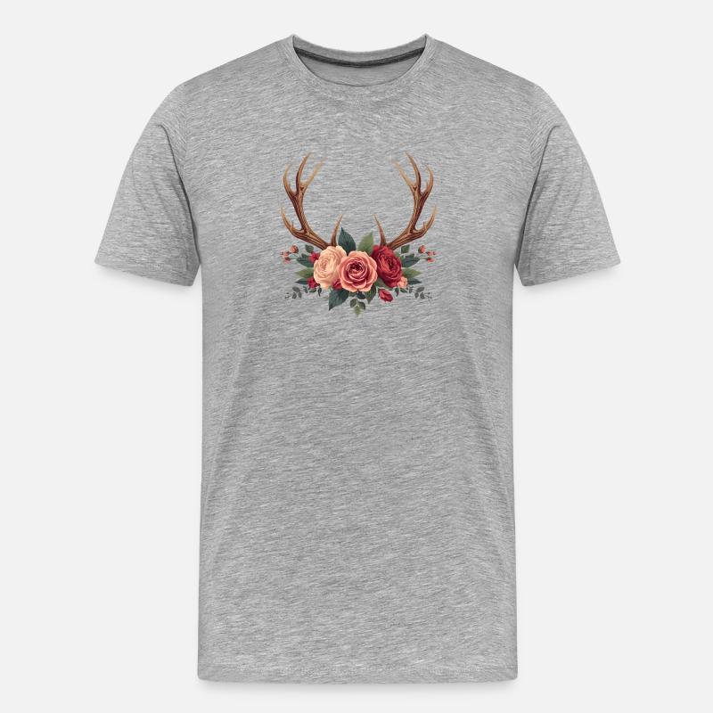 Hirschgeweih & Rosen - Boho Nature Design - Männer Premium Bio T-Shirt - Grau meliert