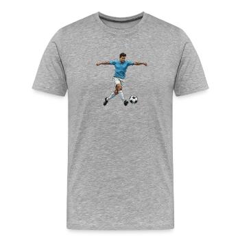 fussballspieler-blau-trikot-torschuss-comic-sti - Männer Premium Bio T-Shirt - Grau meliert - Vorne - Damien (186cm)