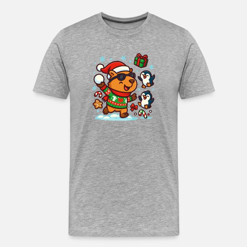Fröhliches Capybara mit Pinguinen – Lustig - Männer Premium Bio T-Shirt - Grau meliert