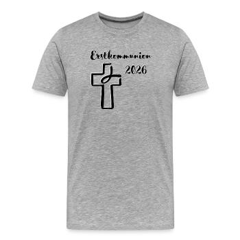 Célébration de la Première Communion 2026 : Des poissons plongent dans la croix - T-shirt bio Premium Homme - gris chiné - Devant - Damien (186cm)
