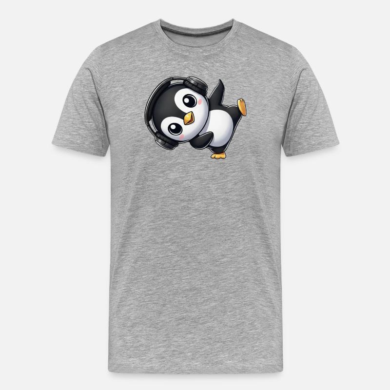 Lustiger Pinguin tanzt Breakdance mit Kopfhörer - Männer Premium Bio T-Shirt - Grau meliert