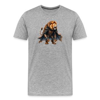 Löwenkrieger mit Rüstung und Umhang - Männer Premium Bio T-Shirt - Grau meliert - Vorne - Damien (186cm)