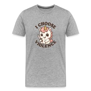 Rebellisches Einhorn – Ich entscheide mich für Gewalt - Männer Premium Bio T-Shirt - Grau meliert - Vorne - Damien (186cm)
