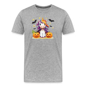 Halloween Einhorn mit Zaubercape - Männer Premium Bio T-Shirt - Grau meliert - Vorne - Damien (186cm)