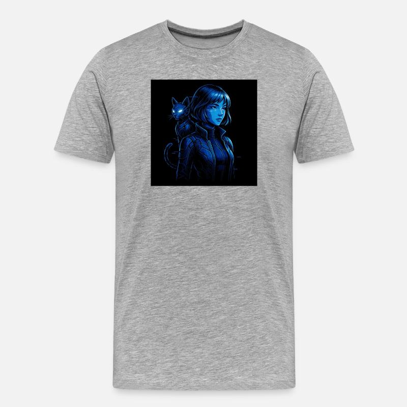 Neonjägerin mit Katzenbegleiter - Männer Premium Bio T-Shirt - Grau meliert