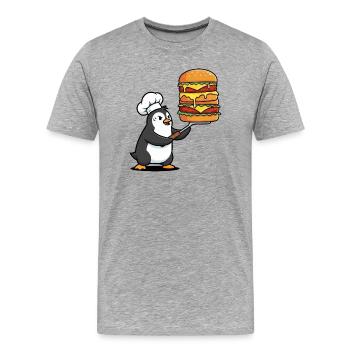 Süßer Pinguin schwitzt mit Hamburger BBQ Grillen - Männer Premium Bio T-Shirt - Grau meliert - Vorne - Damien (186cm)