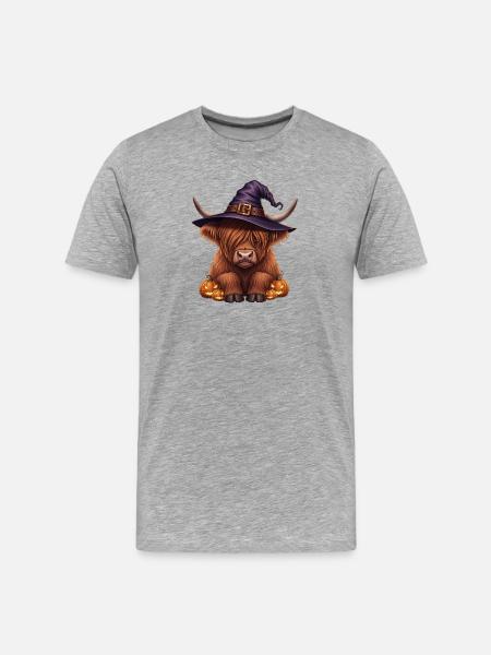 Halloween Hochlandrind mit Hexenhut - Männer Premium Bio T-Shirt - Grau meliert