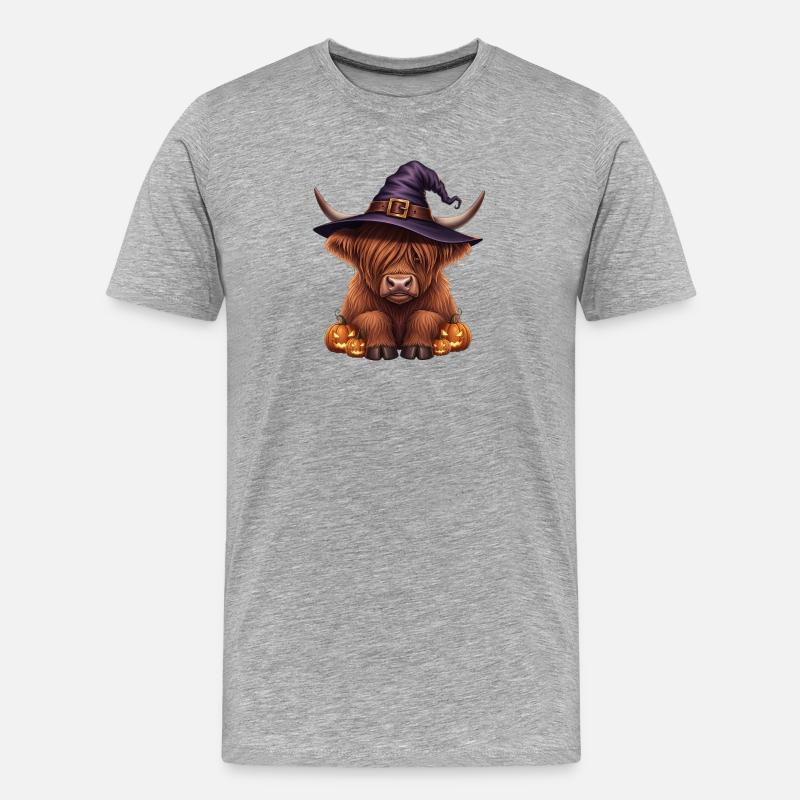 Halloween Hochlandrind mit Hexenhut - Männer Premium Bio T-Shirt - Grau meliert
