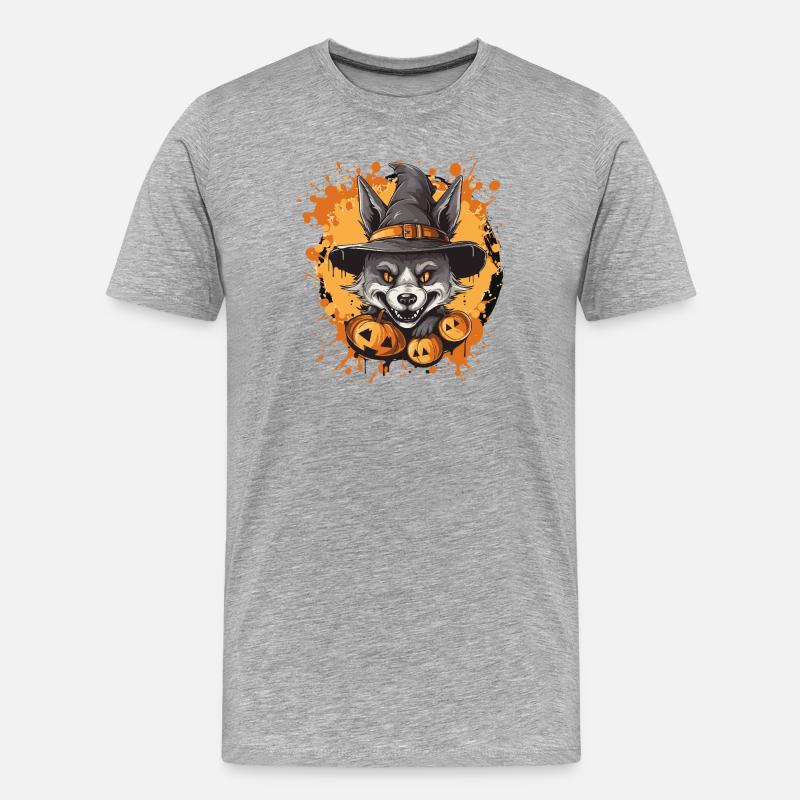 Halloween Wolf mit Hexenhut - Männer Premium Bio T-Shirt - Grau meliert