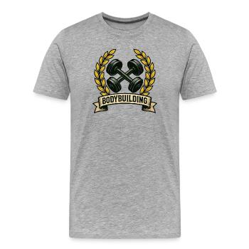 Körperaufbau mit Lorbeer-Dumbbells - Männer Premium Bio T-Shirt - Grau meliert - Vorne - Damien (186cm)