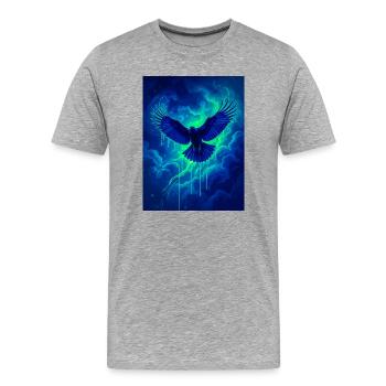 A raven soars through glowing indigo skies filled  - Men's Premium Organic T-Shirt - heather grey - Front - Damien (186cm)