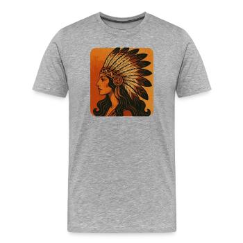 Kopfputz Porträt mit Federn - Männer Premium Bio T-Shirt - Grau meliert - Vorne - Damien (186cm)