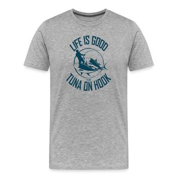 DAS LEBEN IST GUT MIT THUNFISCH AM HAKEN - Männer Premium Bio T-Shirt - Grau meliert - Vorne - Damien (186cm)