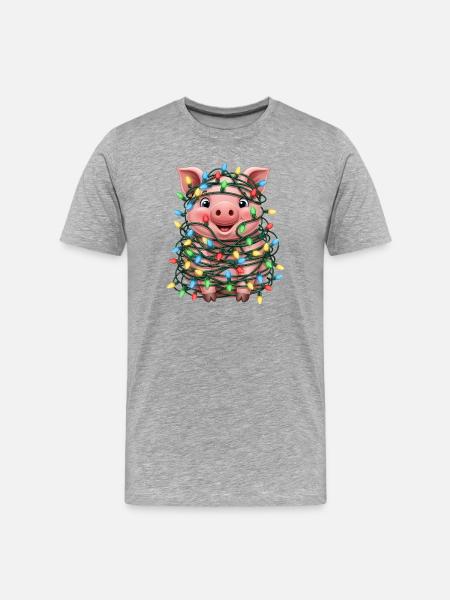 Cute Pig Christmas Fairy Lights Clumsy - Men's Premium Organic T-Shirt - heather grey