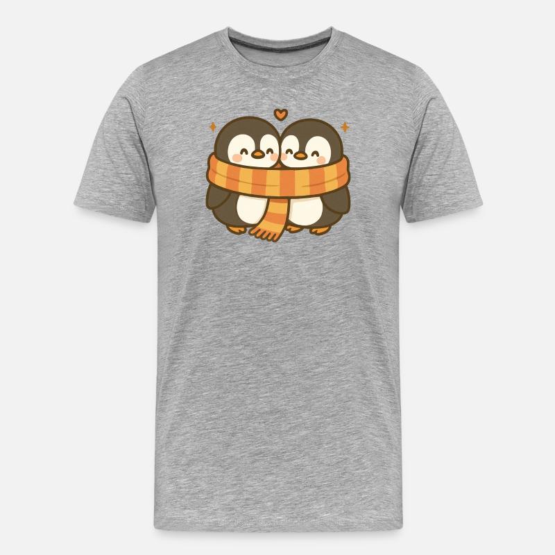 Twin Pinguin Umarmung mit Schal - Männer Premium Bio T-Shirt - Grau meliert