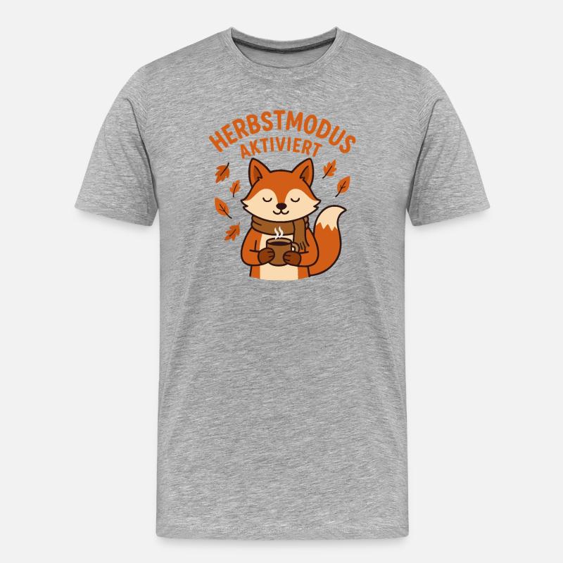 Herbstmodus aktiviert | Fuchs mit Kaffeetasse - Männer Premium Bio T-Shirt - Grau meliert