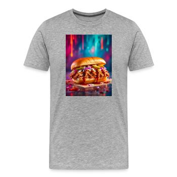 Burger de porc effiloché juteux entouré d’explosifs - T-shirt bio Premium Homme - gris chiné - Devant - Damien (186cm)