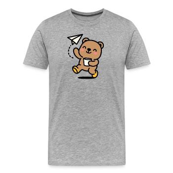 Glücklicher Teddybär mit Papierflieger - Männer Premium Bio T-Shirt - Grau meliert - Vorne - Damien (186cm)