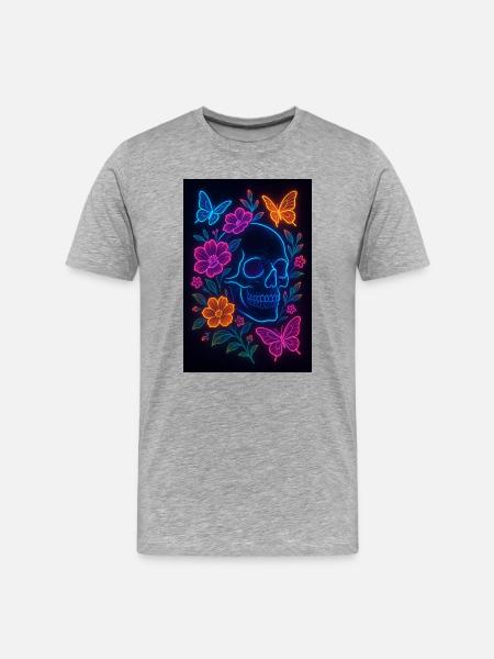 Neon Skull with Flowers and Butterflies - Men's Premium Organic T-Shirt - heather grey