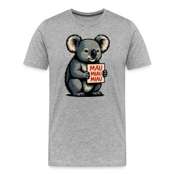 Koala mit Mau Miau Miau Schild - Männer Premium Bio T-Shirt - Grau meliert - Vorne - Damien (186cm)