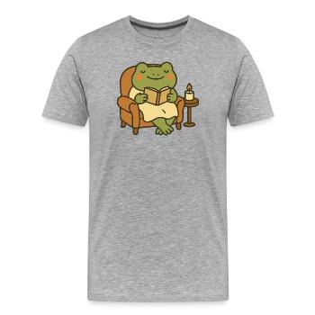 Lesender Frosch im Sessel – Cozy Evening - Männer Premium Bio T-Shirt - Grau meliert - Vorne - Damien (186cm)