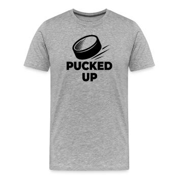 PUCKED-UP logo - Men's Premium Organic T-Shirt - heather grey - Front - Damien (186cm)