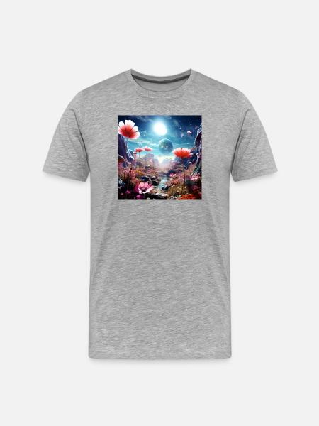 Ferne Blütenwelt im Sternenhimmel - Männer Premium Bio T-Shirt - Grau meliert