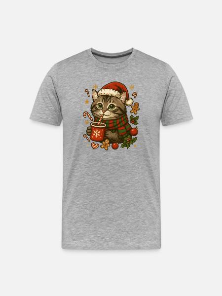 Chat à Noël - T-shirt bio Premium Homme - gris chiné