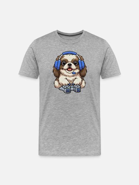 Pekingese dog playing games - Men's Premium Organic T-Shirt - heather grey