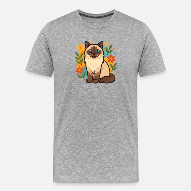 Ragdoll Katze mit Blumenkreis - Männer Premium Bio T-Shirt - Grau meliert
