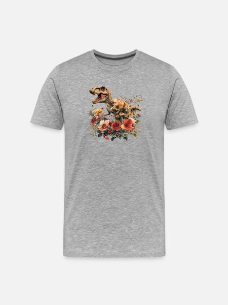 T-Rex Dino avec fleurs - T-shirt bio Premium Homme - gris chiné