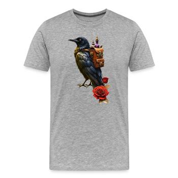 Steampunk Rabe mit Alchemie Rucksack - Männer Premium Bio T-Shirt - Grau meliert - Vorne - Damien (186cm)