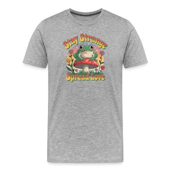 Stay Strange – Spread Love | Retro Frosch & Pilz  - Männer Premium Bio T-Shirt - Grau meliert - Vorne - Damien (186cm)