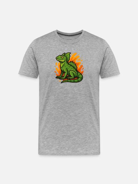 Grüne Basilisken-Eidechse mit flammendem Hintergrund - Männer Premium Bio T-Shirt - Grau meliert