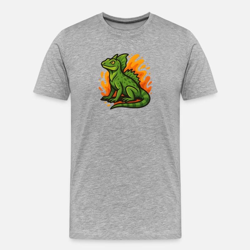 Grüne Basilisken-Eidechse mit flammendem Hintergrund - Männer Premium Bio T-Shirt - Grau meliert