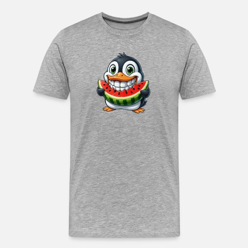 Pingouin joyeux avec pastèque fruit d’été - T-shirt bio Premium Homme - gris chiné