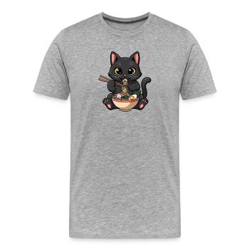 Schwarze Katze gierige Ramen - Männer Premium Bio T-Shirt - Grau meliert - Vorne - Damien (186cm)