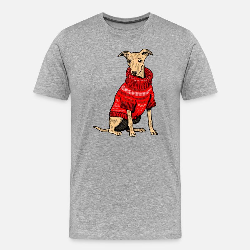 Hund im roten Strickpullover - Männer Premium Bio T-Shirt - Grau meliert