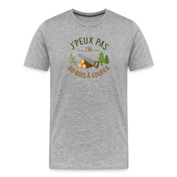 Ich kann nicht, ich muss Holz schneiden - Männer Premium Bio T-Shirt - Grau meliert - Vorne - Damien (186cm)