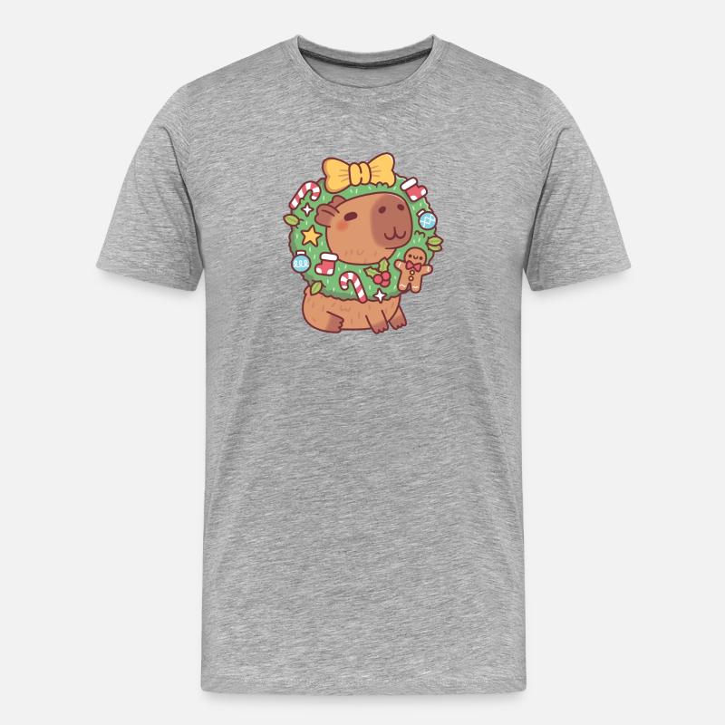Süßes Capybara mit Weihnachtskranz Lustig - Männer Premium Bio T-Shirt - Grau meliert