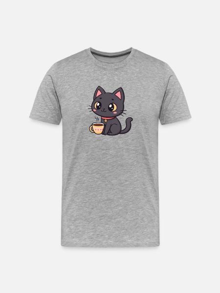 Warm black cat with tea - Men's Premium Organic T-Shirt - heather grey